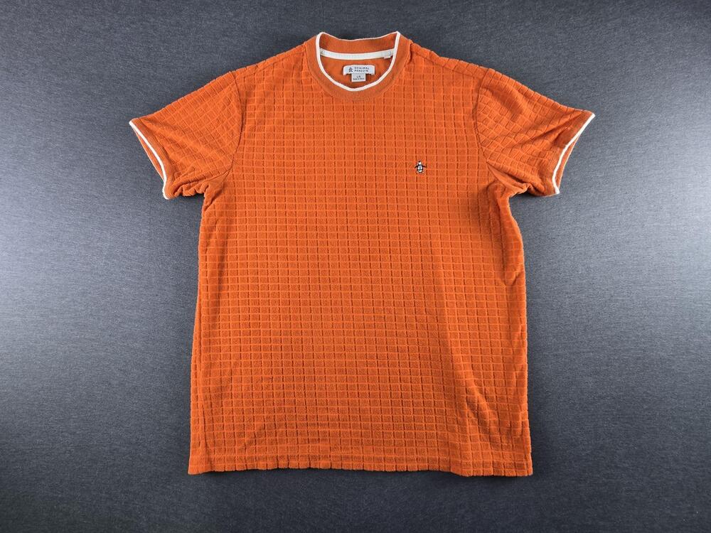 Original Penguin Shirt Mens Large Orange Waffle Knit Ringer Penguin Logo Tee
